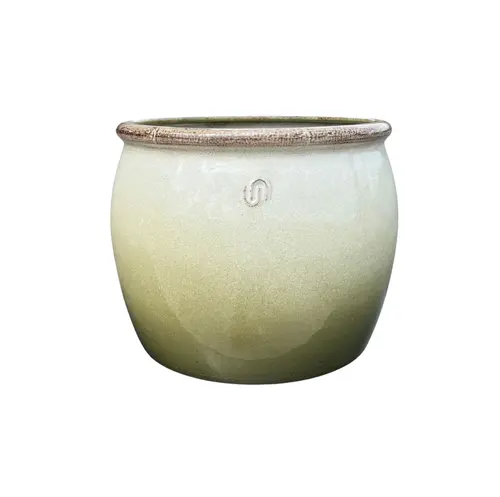 Bien pensé extérieur：Pot cylindrique en métal recyclé coloris vert et beige Upcycle Bella - Ø 30 x H 23,5 cm