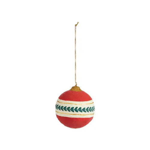 Pour un extérieur à votre image：Décoration à suspendre boule en coton mâché rouge avec décor feuilles vertes - 8 cm