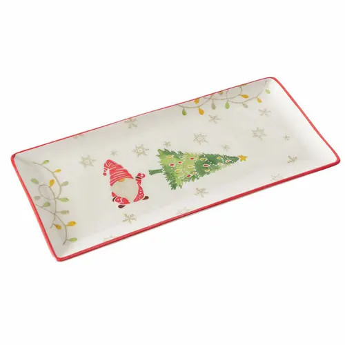 Conçu pour vos extérieurs：Plat en céramique blanche à motif sapin et père Noël Noelo - 35 x 16 x 2,8 cm