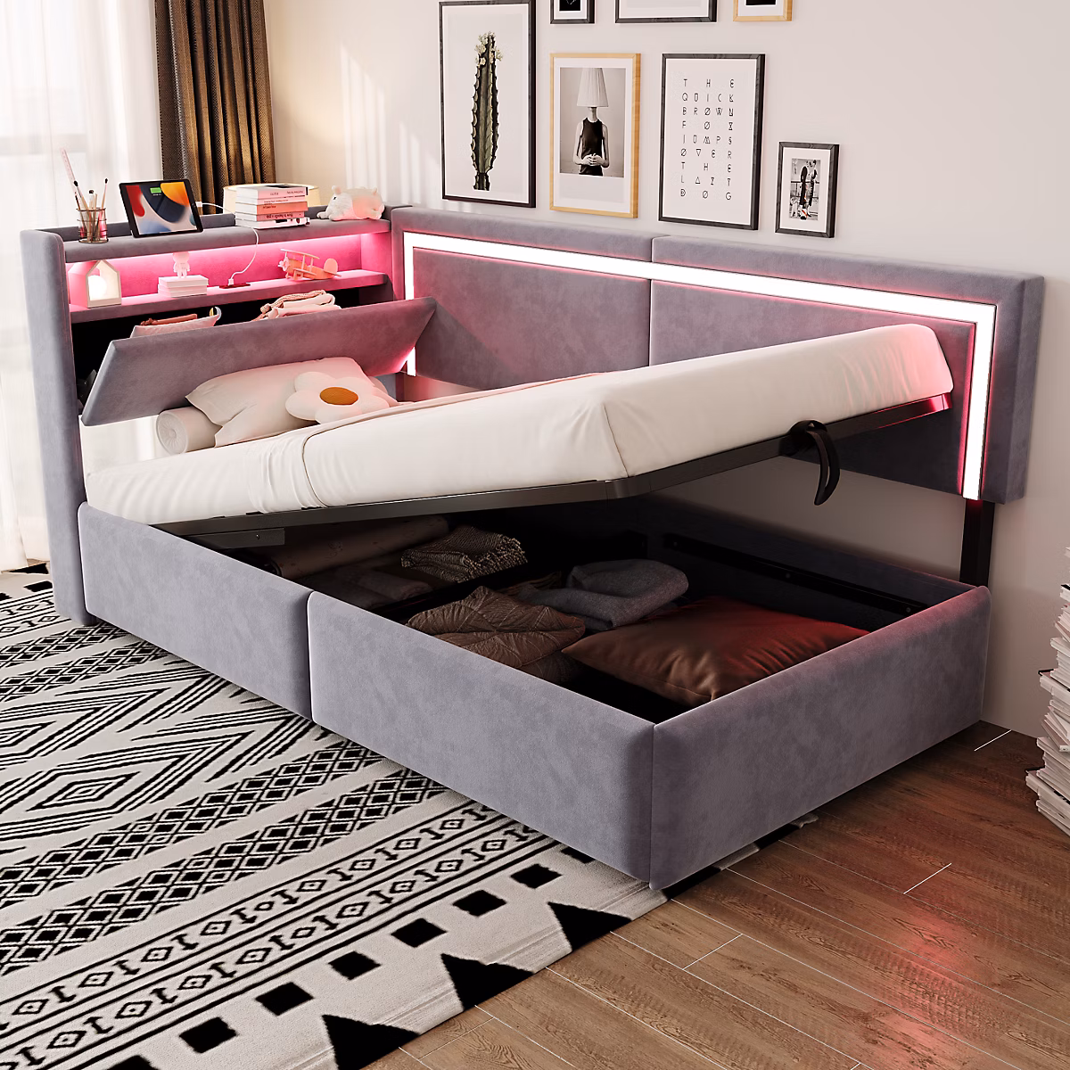 Canapé-lit capitonné 90 × 200cm – LED, ports USB, velours, gris clair (matelas non inclus)