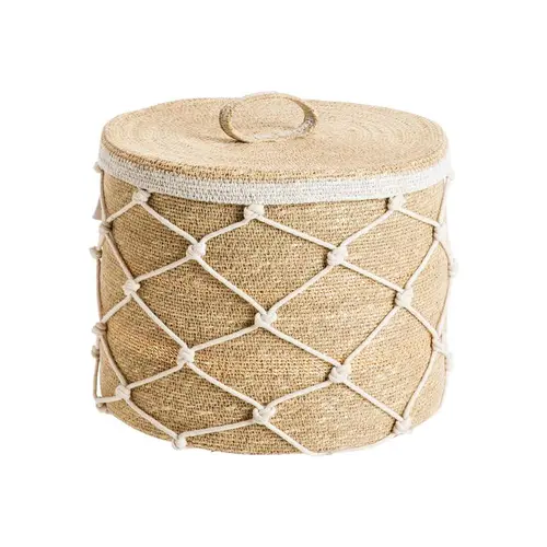 Pour organiser vos extérieurs：Panière avec couvercle en osier naturel avec croisillons grand modèle - Ø 33 x H 28 cm
