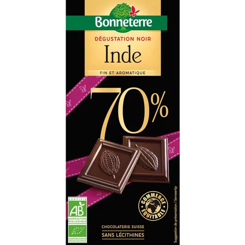 Pour tous vos projets extérieurs:Chocolat Dégustation noir Inde 70% en tablette de 80 g