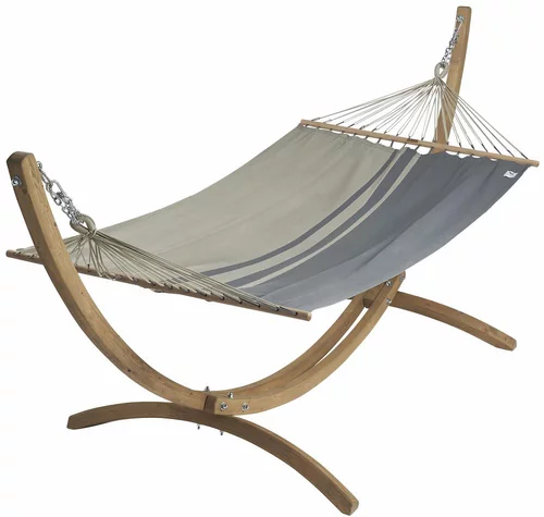 Une solution pratique pour l’extérieur:Set support et hamac EsKapade coloris anthracite taupe en bois et polypropylène Jobek Hamacs - 323 x 125 x 128 cm