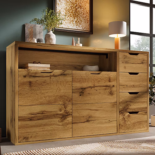 Buffet 150 × 40 × 90cm – avec 2 portes et 4 tiroirs, avec compartiments ouverts, extérieur en chêne, couleur chêne