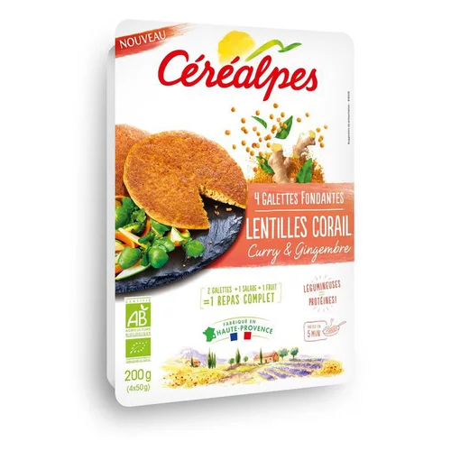 À avoir pour l’extérieur：Galettes fondantes lentilles corail curry & gingembre Céréalpes - 4 x 50 g