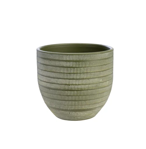 Équipement jardin：Cache-pot en céramique vert mat Sulco – 24 x 22 cm