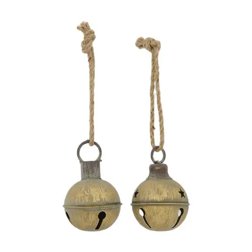 Le pratique au jardin:Cloche à suspendre en zinc or antique avec corde - Ø 8 x H 12 cm