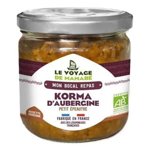 Pour vos espaces：Korma d’aubergines et petit épeautre bio Le voyage de Mamabé - 330 g