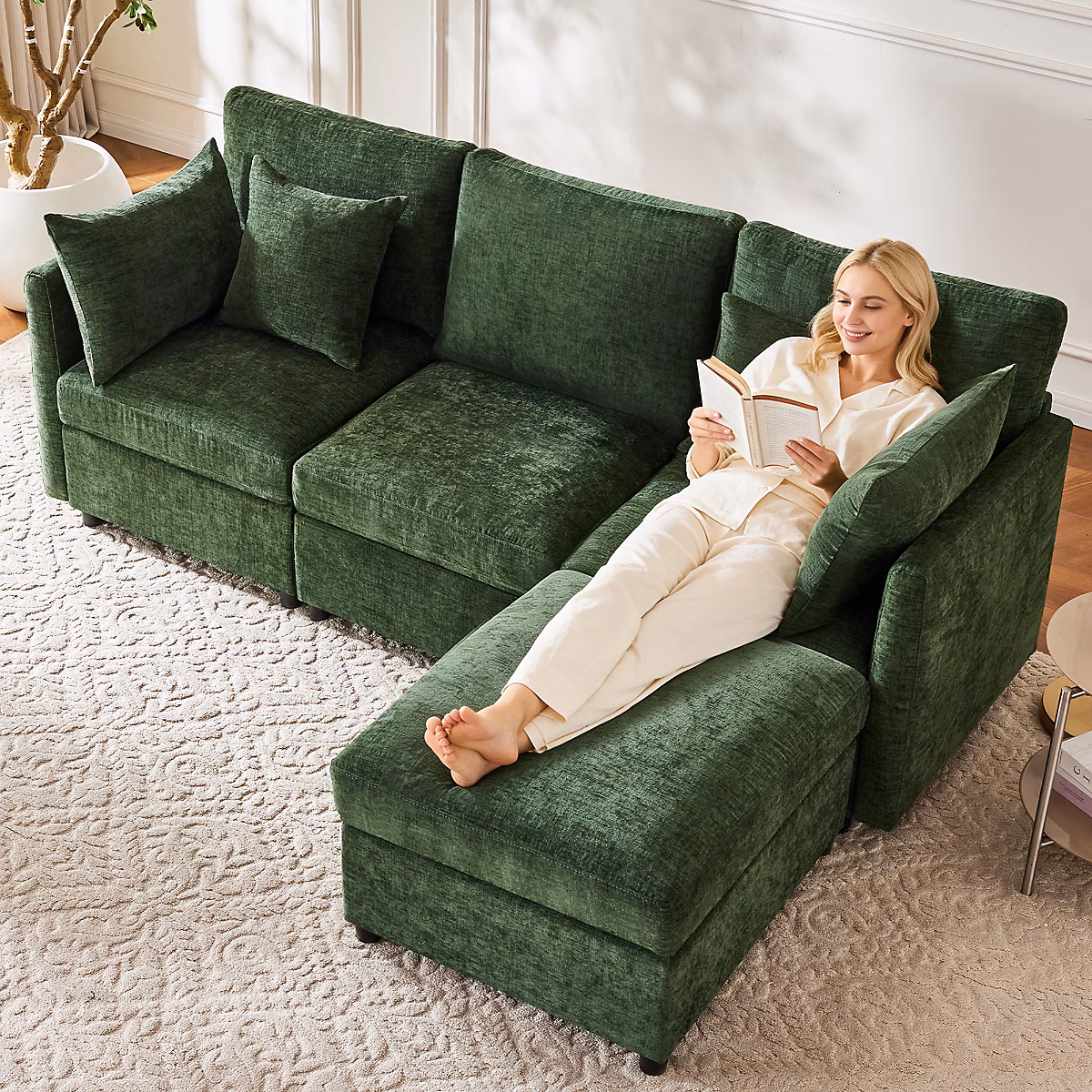 Canapé d'angle en L – convertible en 3 places | modulaire avec pouf mobile et 4 coussins chenille | vert