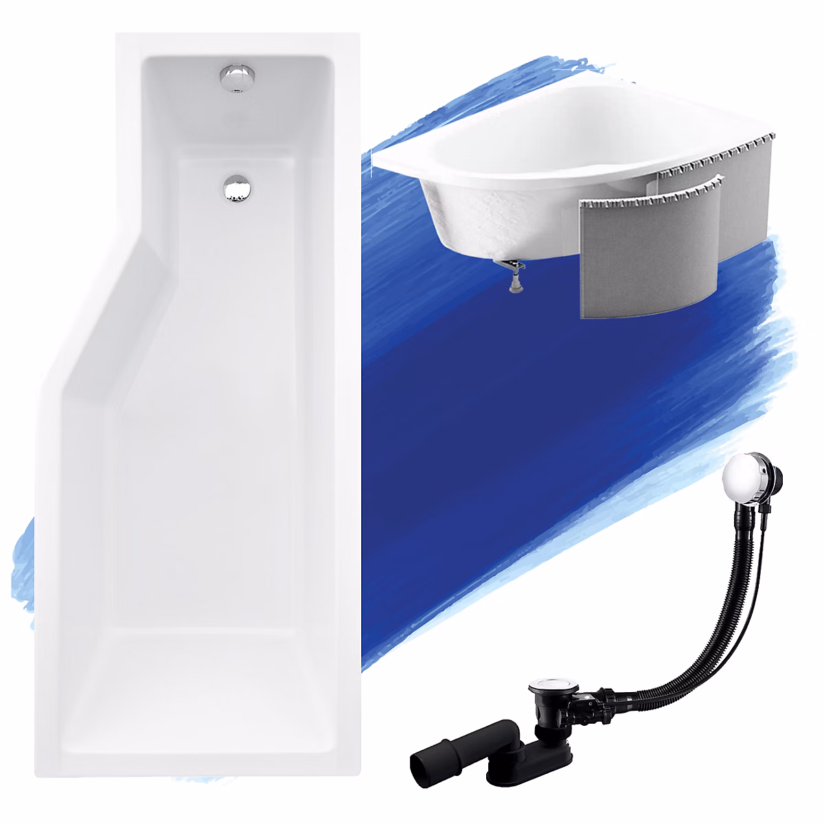 Baignoire asymétrique 150 x 75 Droite INTEGRA acrylique blanc + Habillage en polystyrène + Pieds + Vidage à chromé | Baignoire
