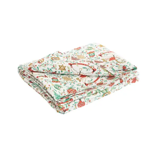 Le choix jardin:Nappe blanche en PE/coton motifs rouges et verts Guirlande - 150 x 300 cm