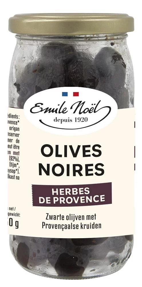 À avoir pour l’extérieur：Olives noires aux herbes de Provence bio en bocal de 230 g