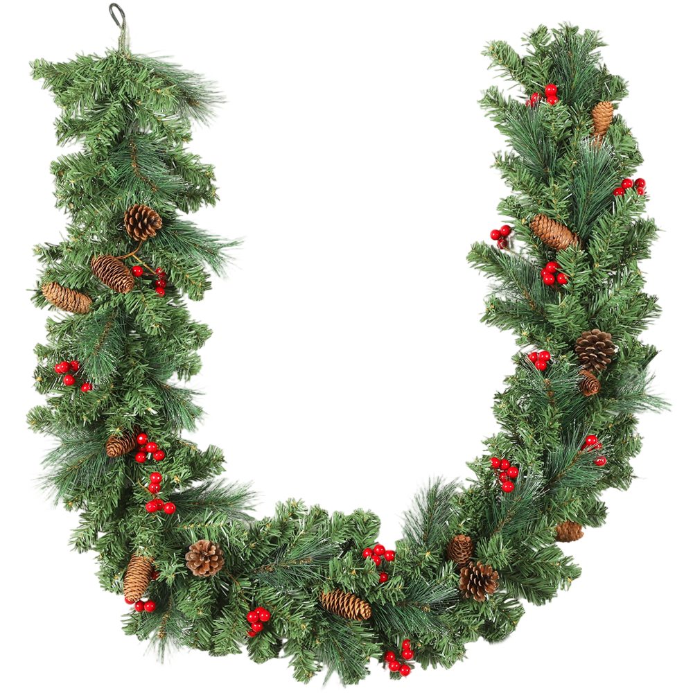 Guirlande de Noël artificielle 180 cm, décoration de Noël, 162 branches denses, pommes de pin, grappes de baies, vert
