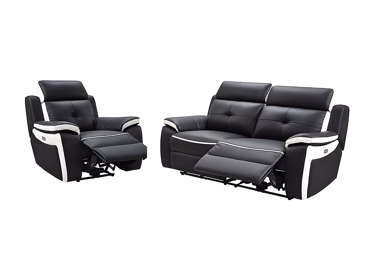 Canapé 3 places et un fauteuil relax électrique en cuir ANGELIQUE – Noir/blanc