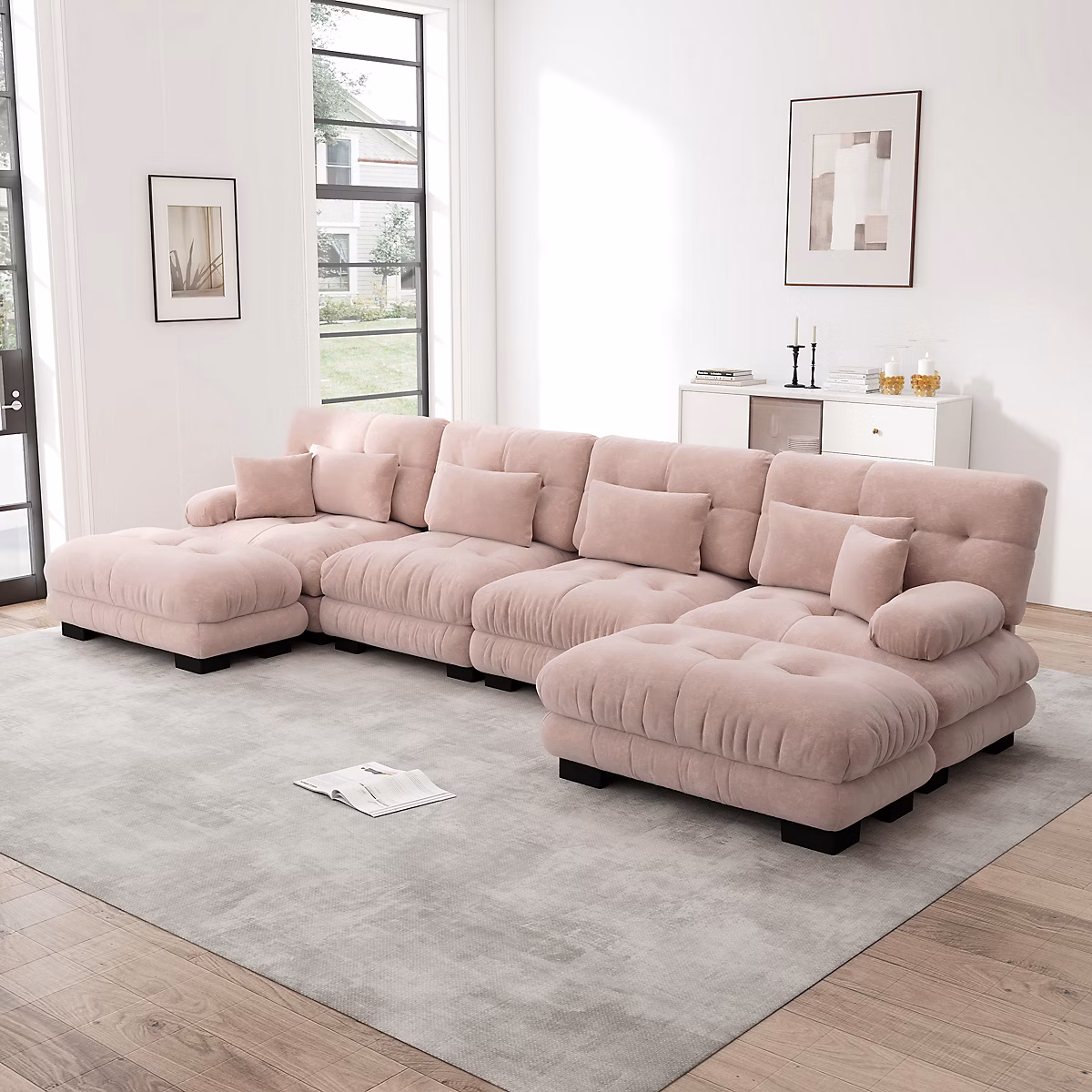 Canapé modulable 4 places en chenille rose style cloud avec ottoman mobile et accoudoirs ronds – Réf. MKIGYVNFA1908599783