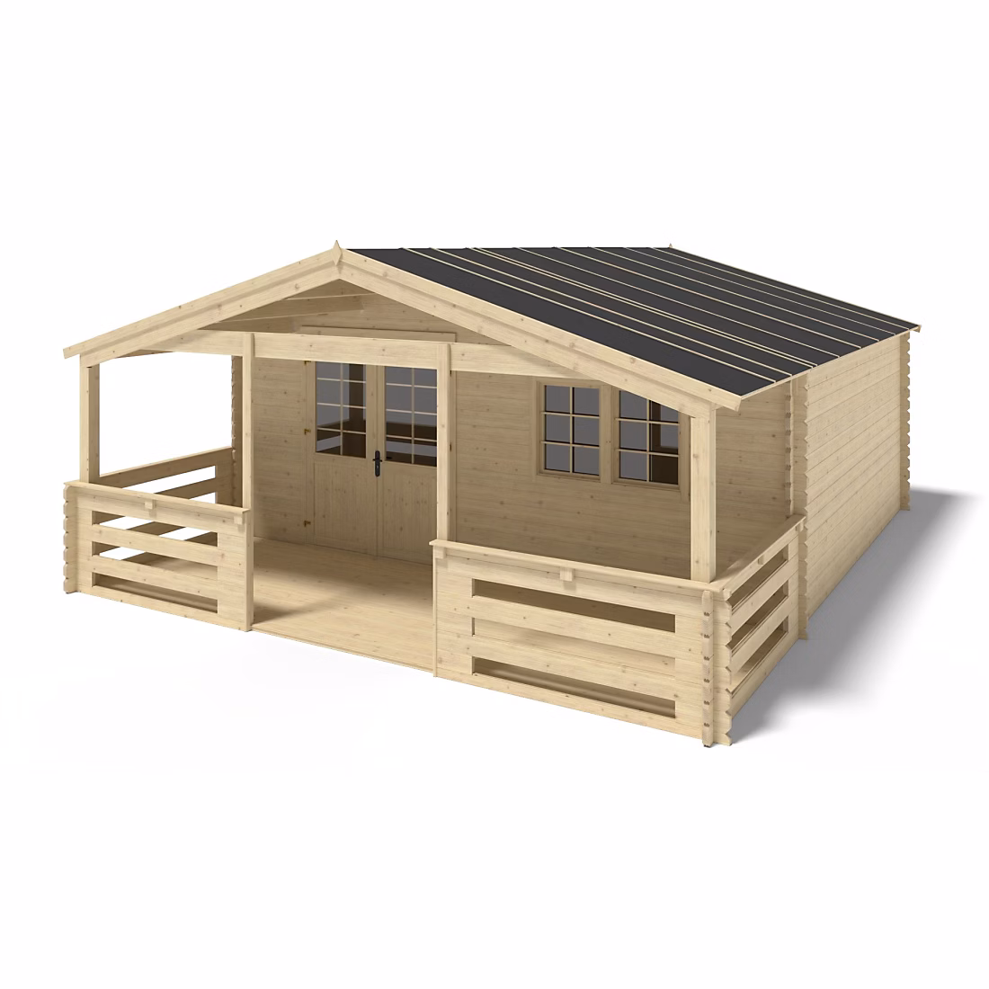 Abri de jardin en bois – 6 × 5 m + terrasse avec balustrade et avant, toit en bois, 42 m2, DOM747+DOM553+DOM555+POD04