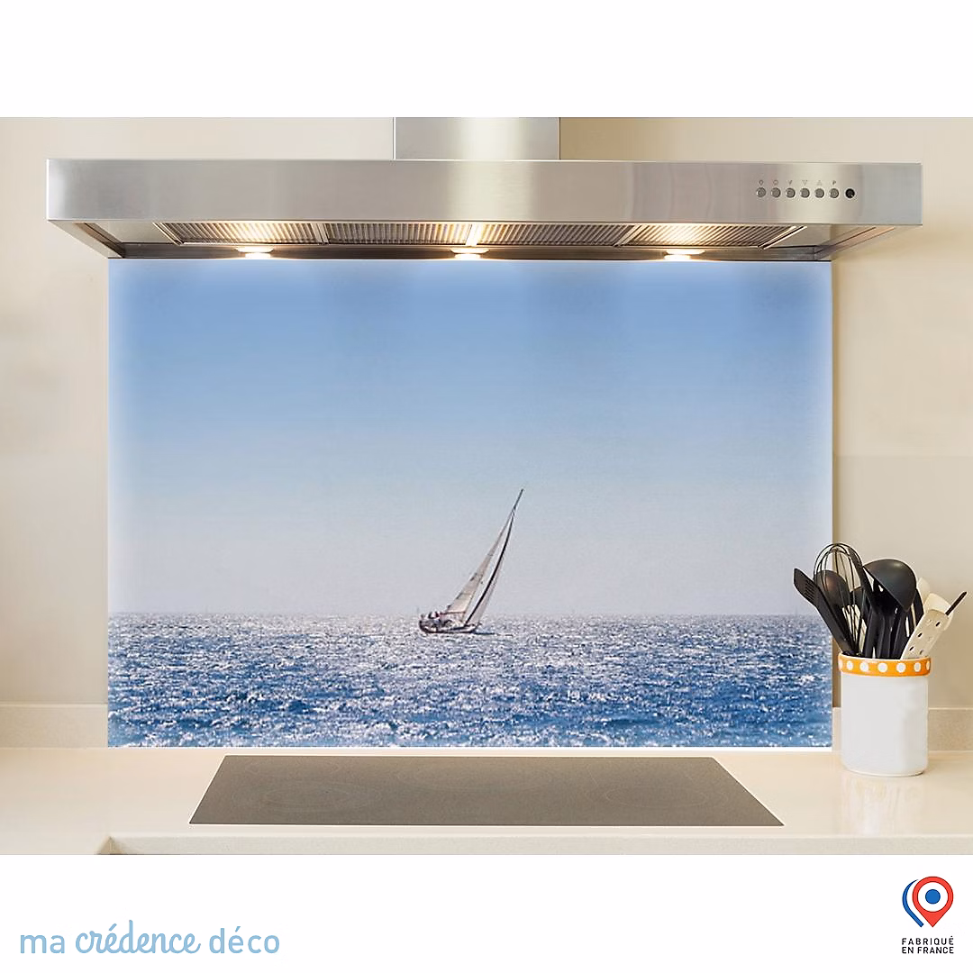 Crédence cuisine fond de hotte Mer et bateau – Alu composite, L 90 cm x H 50 cm, MaCrédenceDéco