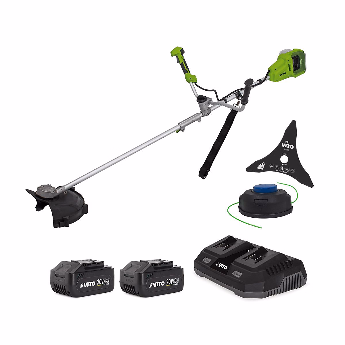 Débroussailleuse et Coupe bordure 40V 2 Batteries Lithium 4.0 Ah + Chargeur Double Lame 3 dents Bobine de fil + Harnais VITO – Réf. CLXBJOKXD8936719371