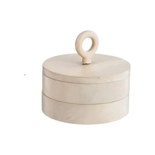 Choix au jardin：Boîte ronde avec anneau en bois de manguier blanchi - Ø 13 x H 12 cm