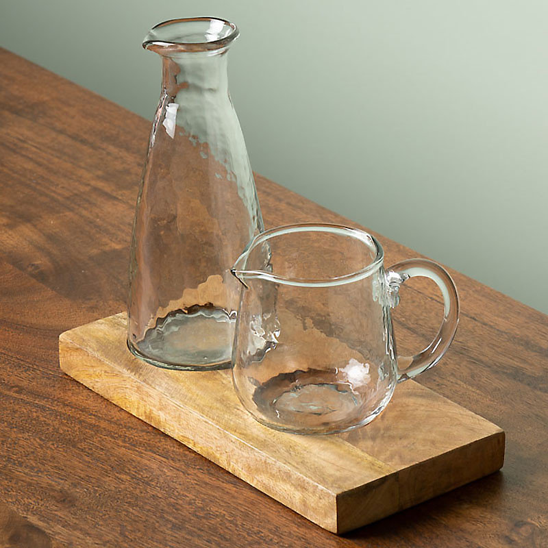 Duo Huilier et Vinaigrier en Verre sur Plateau en Bois de Manguier 19 × 11 × 22cm