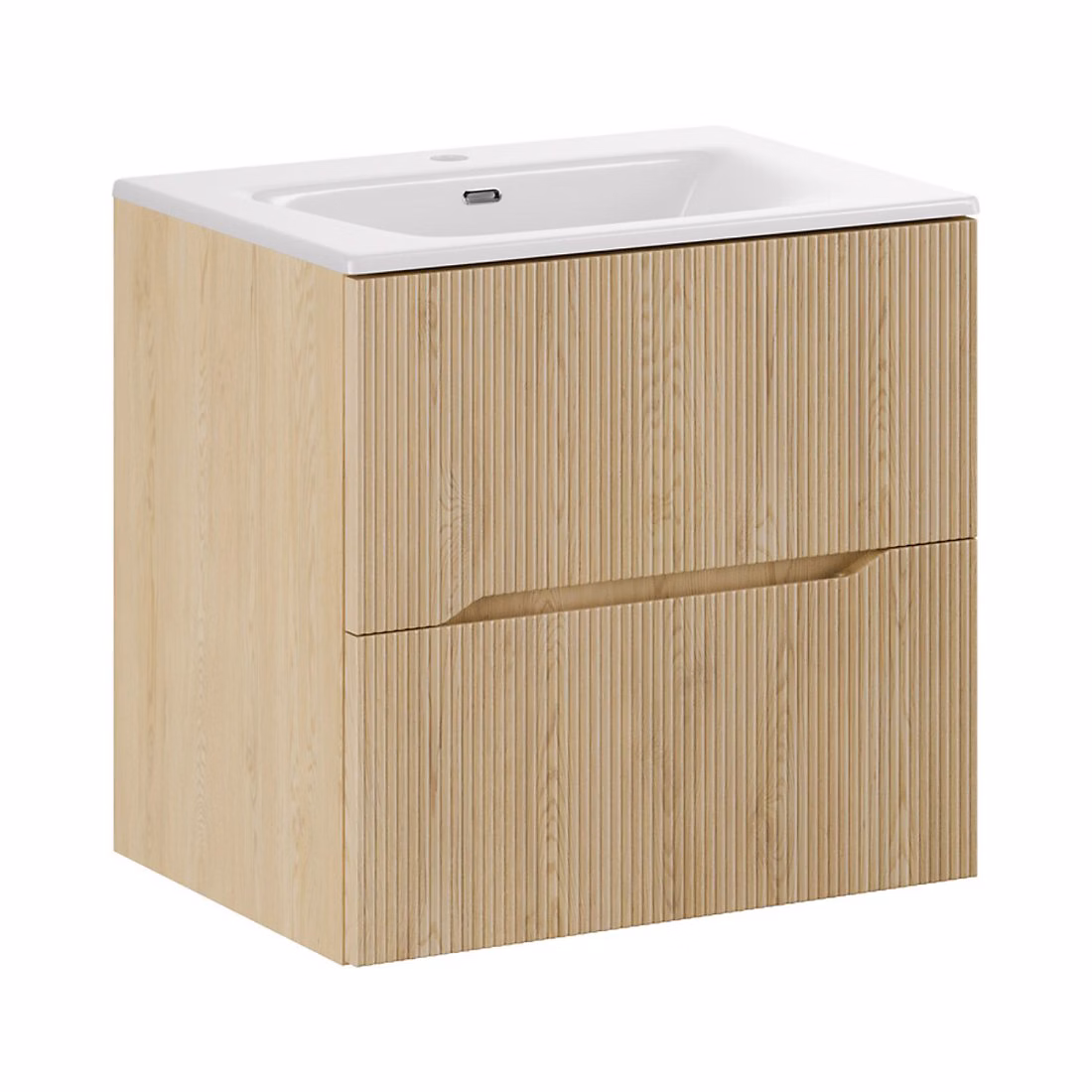 Meuble vasque – Ensemble de salle de bain NATURA 60cm : meuble sous vasque aspect bois clair rainuré verticalement et vasque encastrée
