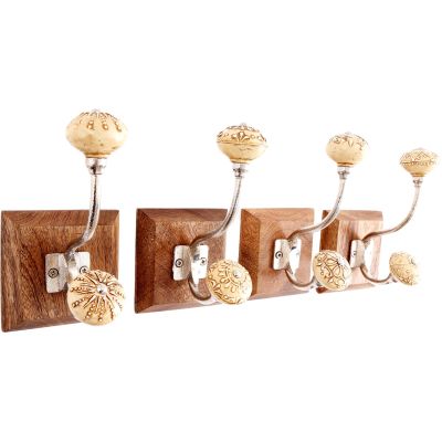 Patère en bois et céramique double crochet (Lot de 4) (Crème)
