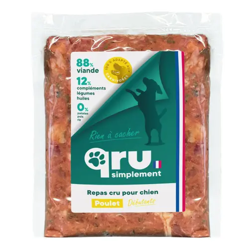 Côté jardin：Aliment cru pour chien repas haché poulet Qru Simplement congelé - 900 g