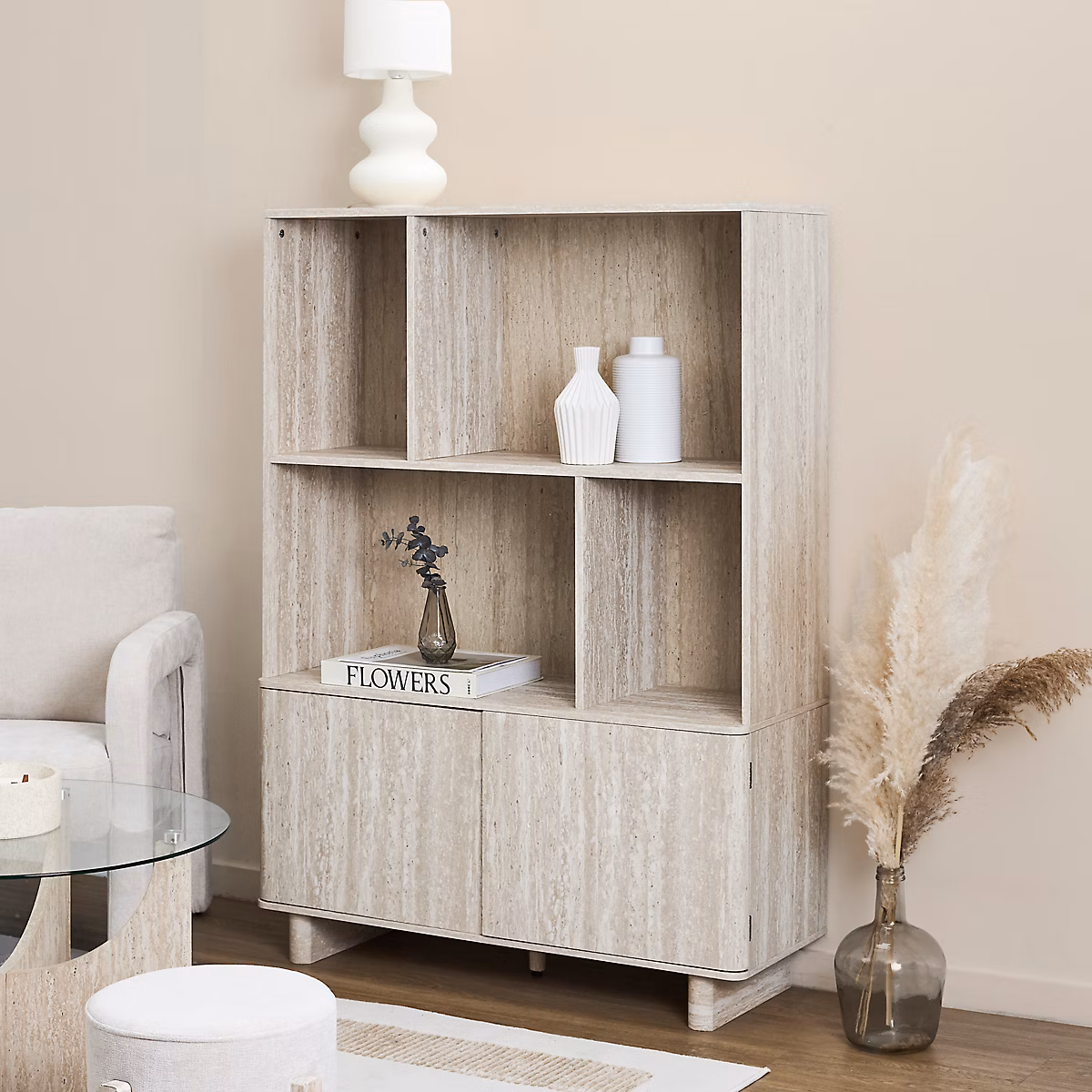 Bibliothèque – HOME DECO FACTORY, Pietra, Effet Pierre, Blanc et Beige