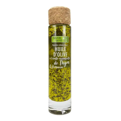 Pour profiter pleinement de l’extérieur:Huile d’olive bio au thym & romarin Savor et Sens - 20 cl