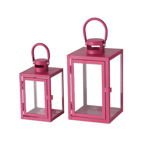 Côté jardin：Lanterne Arana en métal rose fuchsia petit modèle - 11 x 11 x 17,5 cm