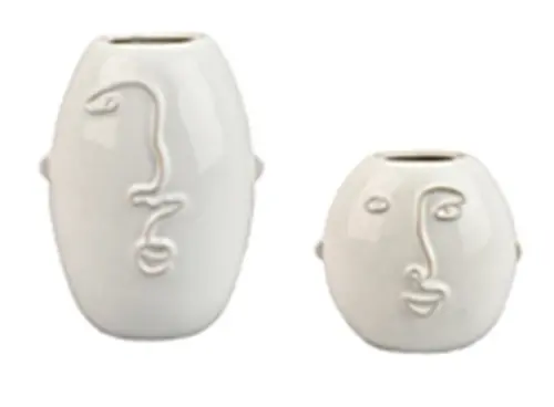 Pour profiter pleinement du jardin：Vase en céramique décor visage coloris blanc petit modèle - 9,3 x 15,3 x 20,5 cm
