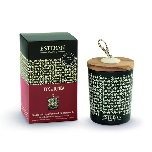 Extérieur essentiel：Bougie déco parfumée et rechargeable Teck et Tonka Esteban - 180 g