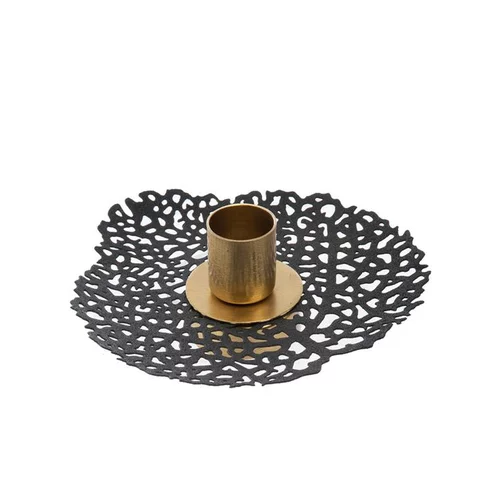 Le petit plus pour l’extérieur:Porte-bougie forme feuille en métal noir et or - Ø 13 x 4 cm