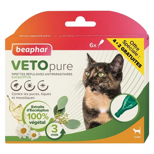 Le petit plus pour l’extérieur:Pipettes antiparasitaires pour le chat coloris blanc VETOpure Beaphar – 6 x 1 ml dont 2 offertes