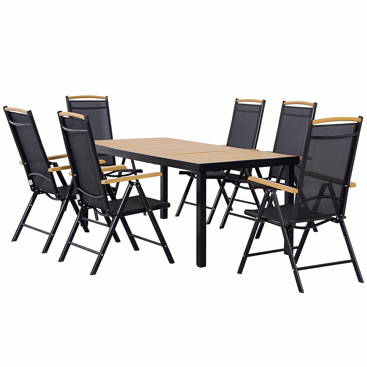 Ensemble table de jardin 6 personnes – chaises pliables inclinables accoudoirs | alu textilène noir plastique effet bois