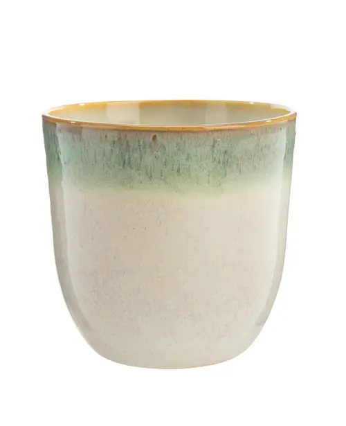 Pour valoriser vos extérieurs：Cache-pot en céramique crème à bord vert Basalt - Ø 18,5 x H 17 cm