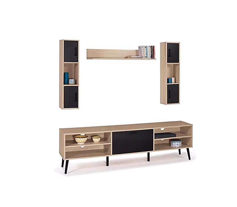 Ensemble Meuble TV Bois et Noir avec Etagères et Rangements Style Moderne – Réf. RVTGTBPUN0732808073