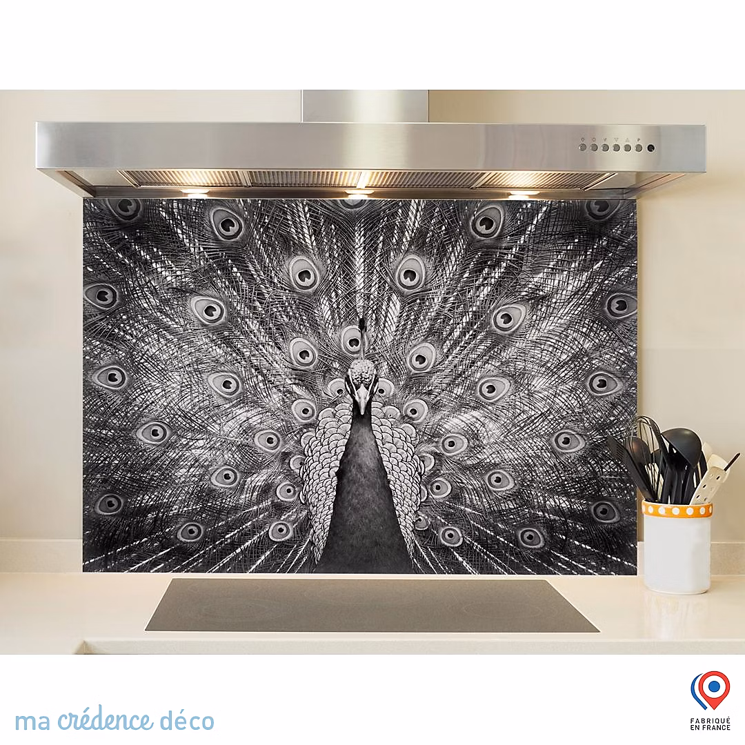 Crédence cuisine fond de hotte Paon – Verre trempé, L 90 cm x H 70 cm, MaCrédenceDéco