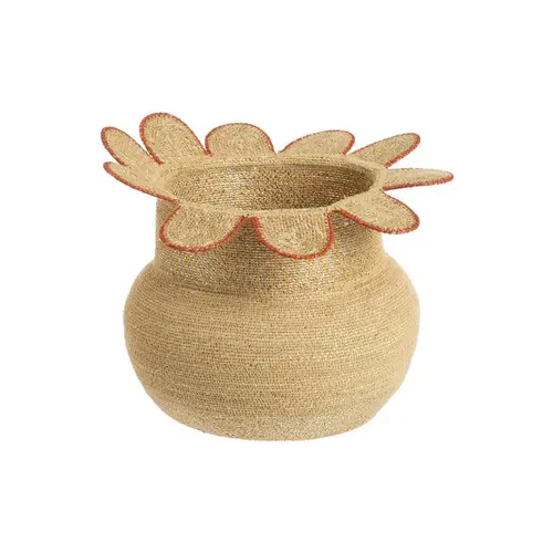 Jardin utile:Panière ronde en osier naturel avec décor fleur bordé de rouge - Ø 32 x H 25 cm