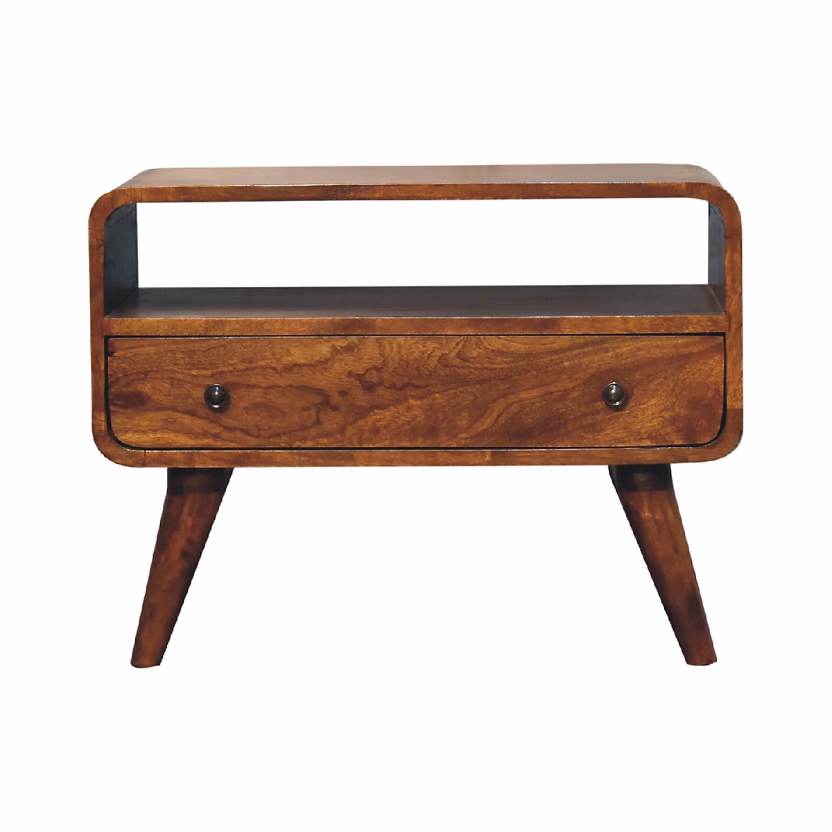 Artisan Furniture Bois massif Mini châtaignier courbé meuble TV – 2 tiroirs et niche ouverte, marron foncé