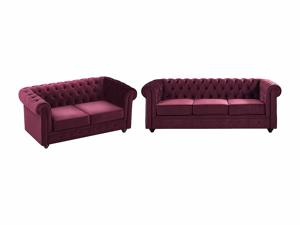 Canapés 3 places et 2 places en velours pourpre CHESTERFIELD – Réf. HFWTPCYBY9853787710