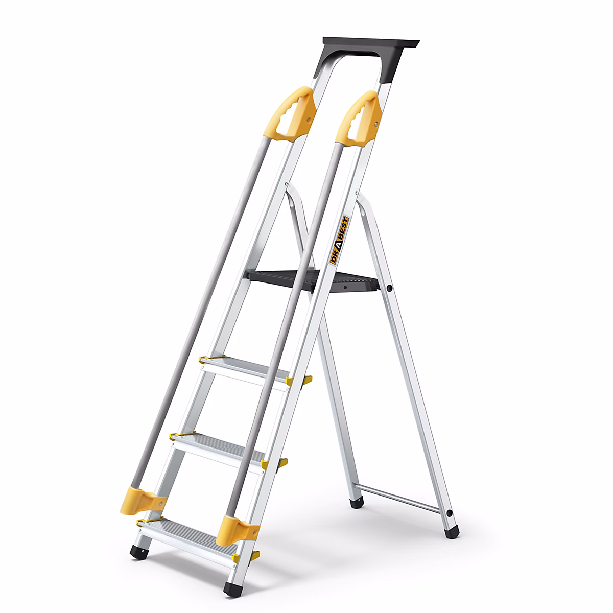 Échelle simple en aluminium – 4 marches, avec étagère et mains courantes, DRABEST, 150 kg, 1 pièce.