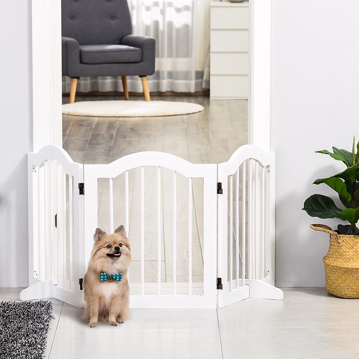 Barrière de sécurité pour chien pliable en bois blanc 154 – 5 cm à 3 panneaux