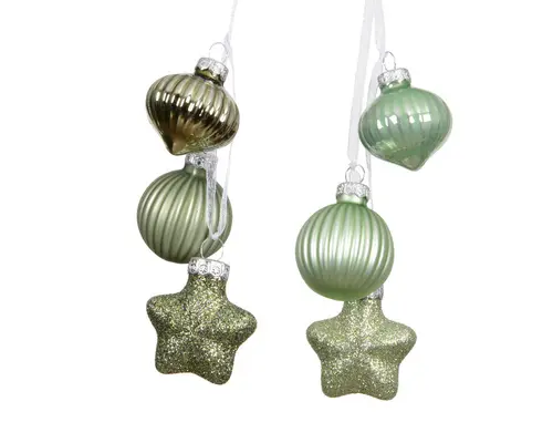 Pour compléter vos extérieurs:Grappe de décorations en verre mat vert avec forme oignon, boule et étoile - 3,5 x 4 x 11,5 cm