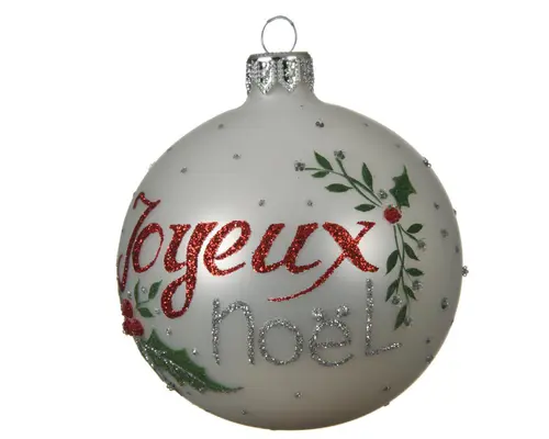 Pour mieux profiter de l’extérieur：Boule en verre blanc d’hiver avec inscription Joyeux Noël - Ø 8 cm
