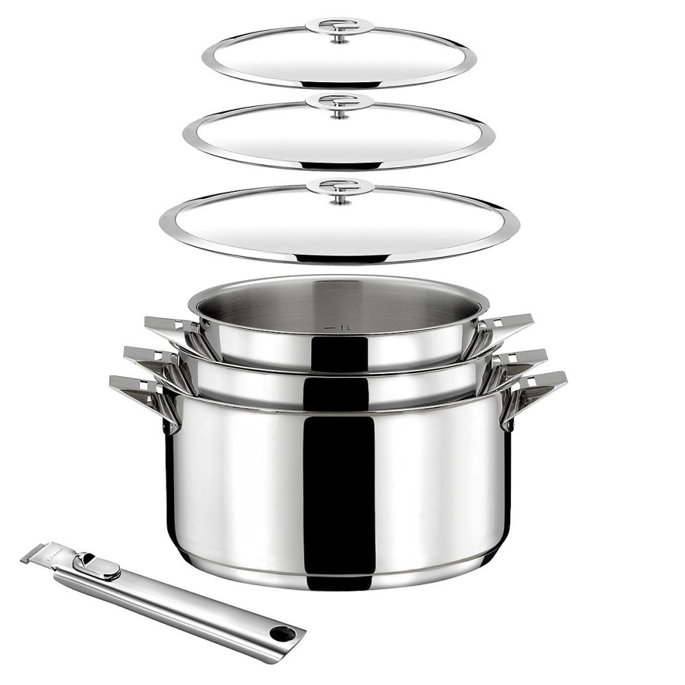 Eclipse – Lot 7 pièces | Casseroles 16 | 18 et 20 cm | 3 couvercles et poignée amovible