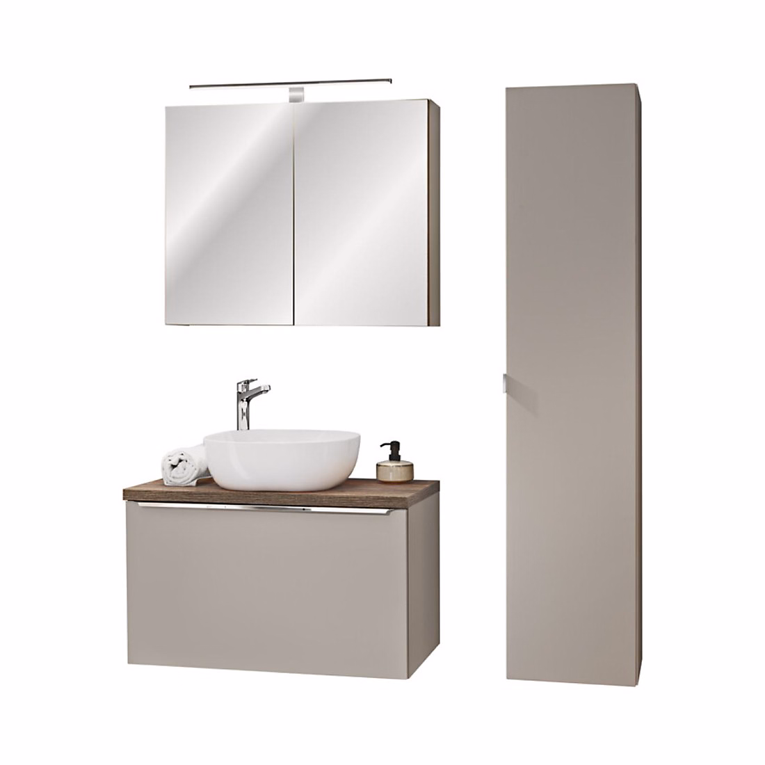 Ensemble meuble de salle de bains – Ensemble VANTA taupe : meuble sous vasque 80cm et vasque à poser et meubles de rangement et miroir et LED