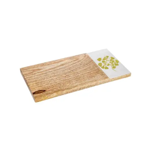 Nature pratique:Petite planche à découper en bois de manguier et décor fleuri blanc/vert clair - 30 x 15 cm