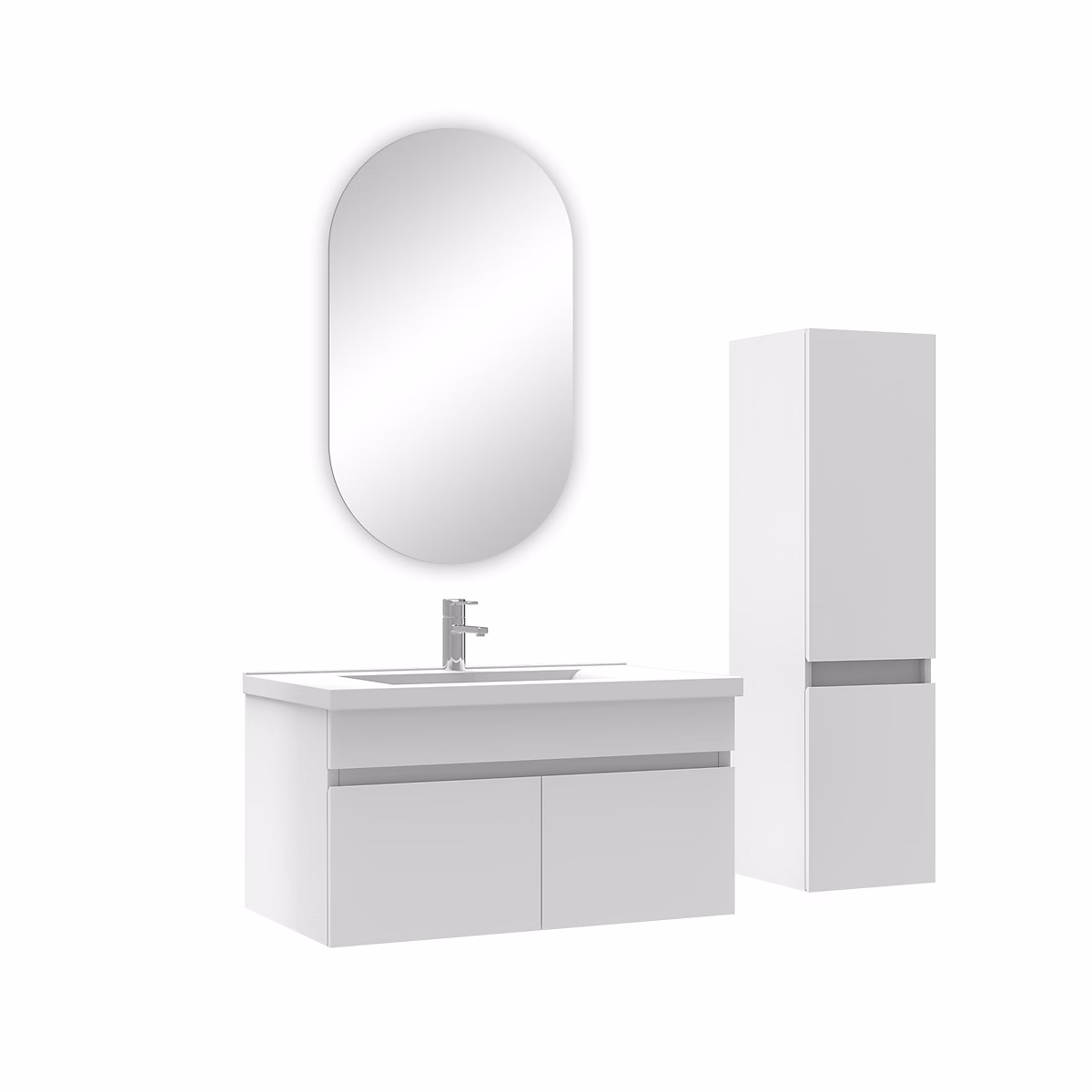Ensemble meuble de salle de bains – Ensemble Salle de Bain simple vasque avec colonne et miroir ovale 80cm meuble blanc