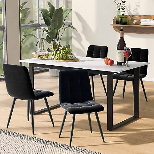 Ensemble repas 5 pièces table extensible blanche 140 180 cm avec 4 chaises en velours noir et pieds métal noirs – Réf. DILKCRHPD0837317257